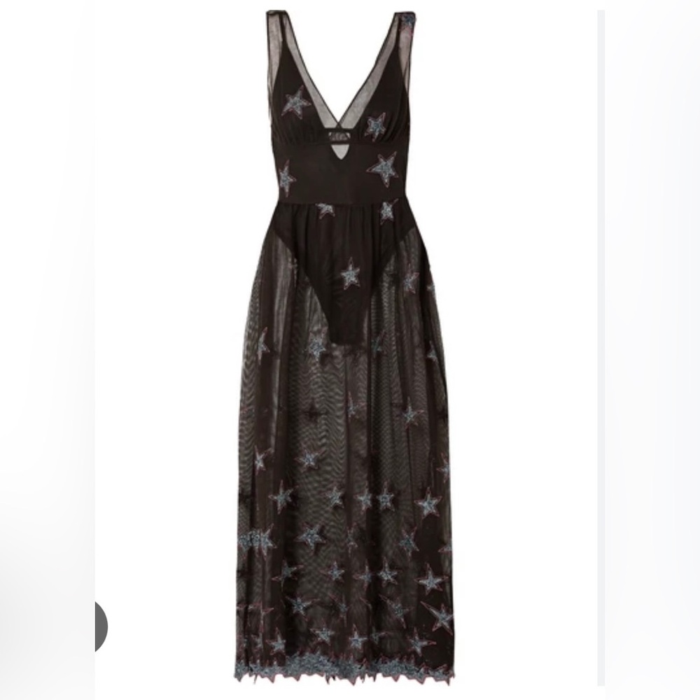 Fleur du Mal Black Star Embroidered Mesh Sheer Midi Dress
